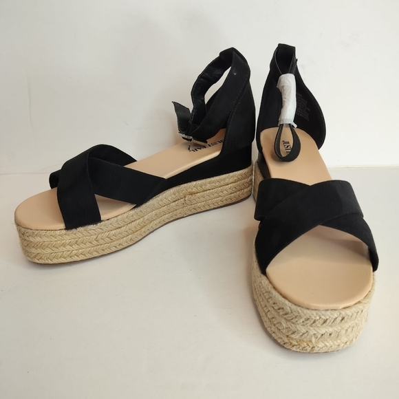 JUSTFAB Corinna Espadrille Sandals Black Suede Flat Wedges Women's 9 Ankle Strap - Picture 10 of 16